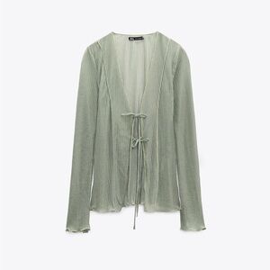 Zara Khaki Green Sheer Tie Front Pleated Top